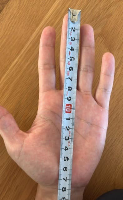 筆者の手の長さ実測:手首から中指先まで約18cm。M30レビューと同じ筆者の測定写真。